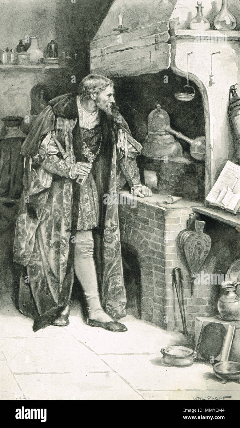 Jacques IV, roi d'Ecosse, dans son laboratoire d'Alchimie au château de Stirling, en Écosse, à la recherche pour le Grand Magistère de l'école des sorciers. Banque D'Images