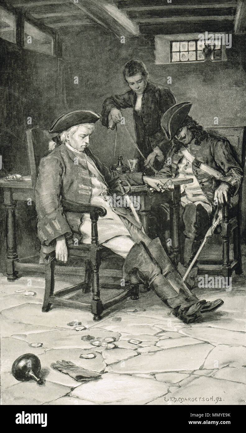 Les scouts de l'armée anglaise ivre, fait prisonnier dans une taverne, avant la bataille de Prestonpans, 1745, capturé par un jeune greffier Banque D'Images