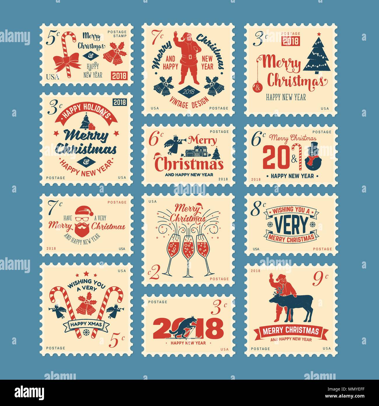 Joyeux Noël et Bonne Année 2018 timbre rétro avec le Père Noël, arbre de Noël, les cadeaux et les rennes. Vector illustration. Illustration de Vecteur