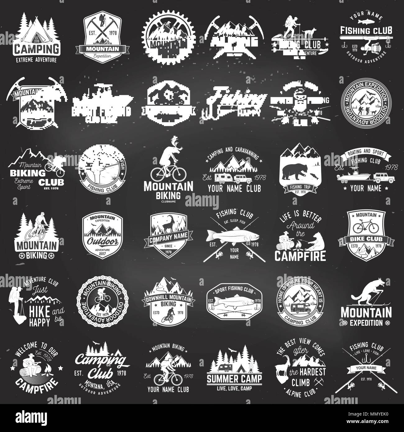 Camp d'été,le VTT, la pêche et l'alpine club. Vector illustration. Set de badges vintage, des étiquettes, des silhouettes. Typographie Vintage collection w Illustration de Vecteur