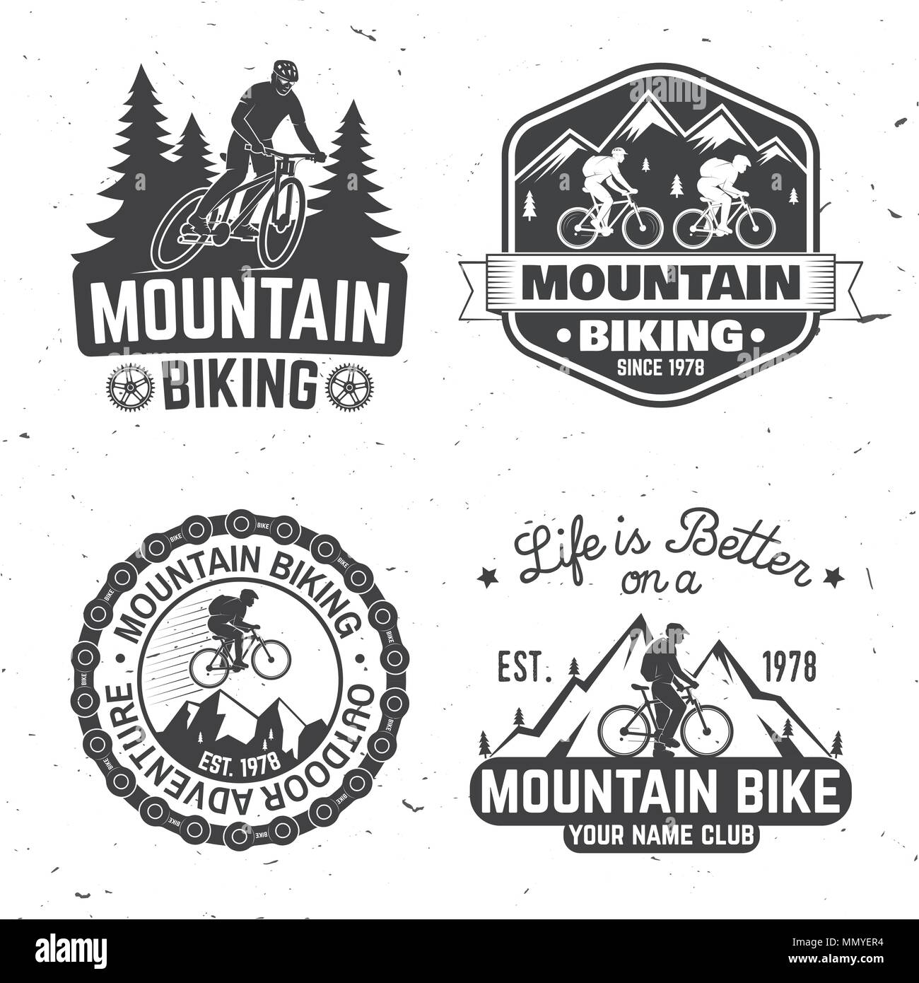 Ensemble d'bikings montagne clubs. Vector illustration. Concept pour chemise ou logo, print, stamp ou cycliste le tourisme. Typographie vintage design avec forêt, Illustration de Vecteur