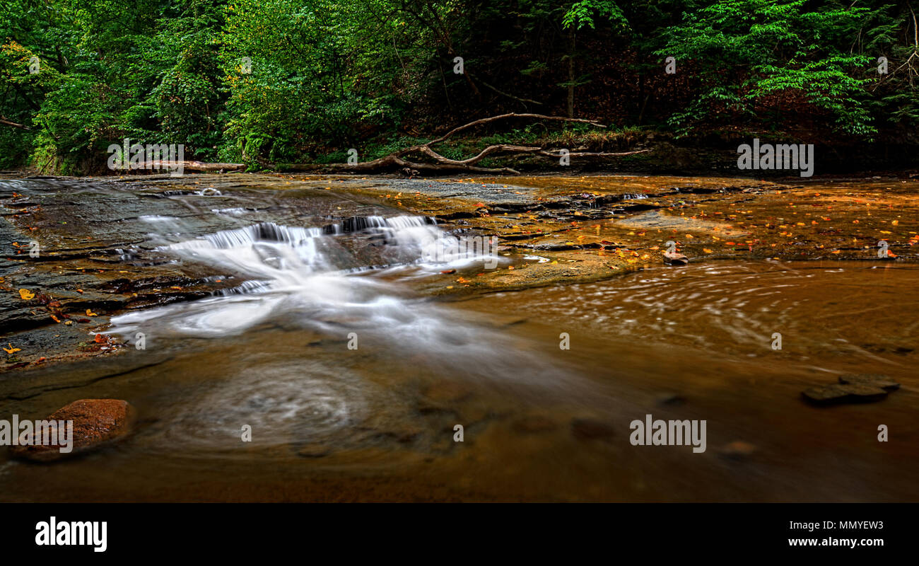 Une petite cascade sur Brandywine Creek dans le parc national de Cuyahoga Valley dans l'Ohio. Vu ici en été avec un faible débit d'eau. Banque D'Images