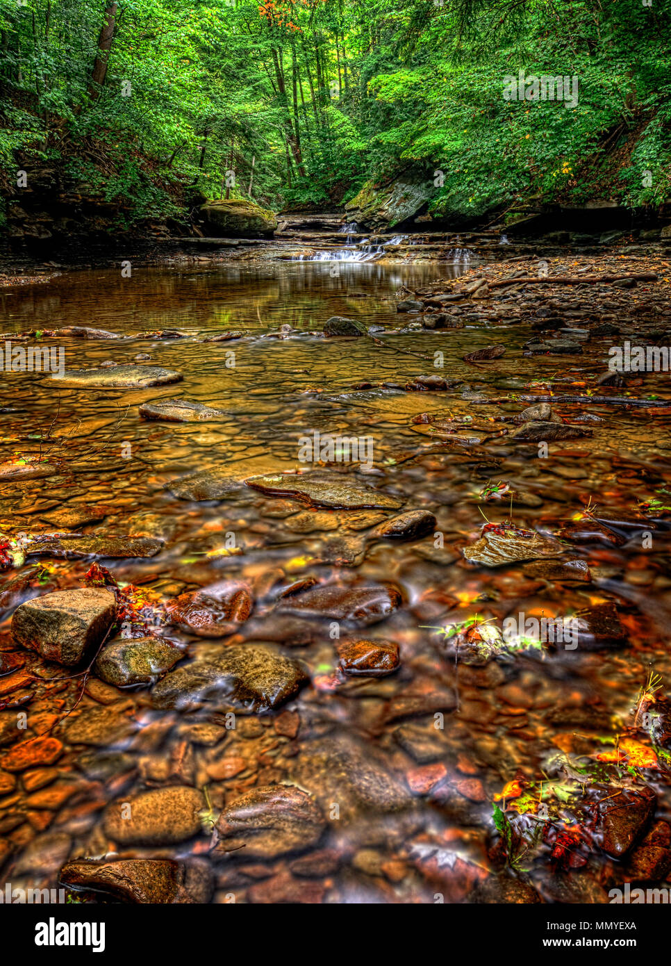 Les roches colorées dans l'eau claire de Brandywine Creek dans le parc national de Cuyahoga Valley dans l'Ohio. Vu ici en été avec un faible débit d'eau. Banque D'Images