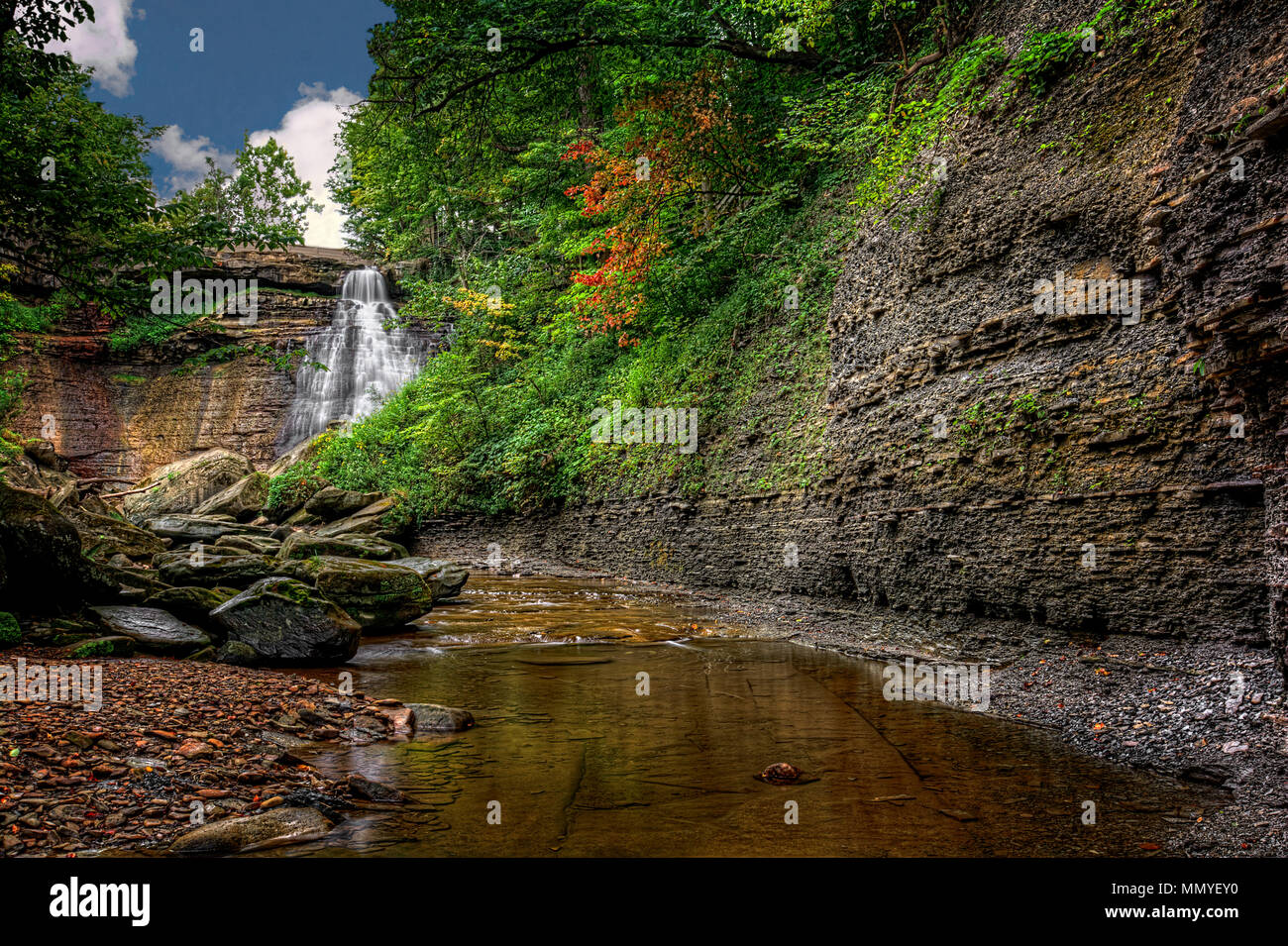 En chutes Brandywine Parc national de Cuyahoga Valley dans l'Ohio. Un magnifique pied 65 falls vu ici à la fin de l'été à partir du lit du ruisseau. Banque D'Images