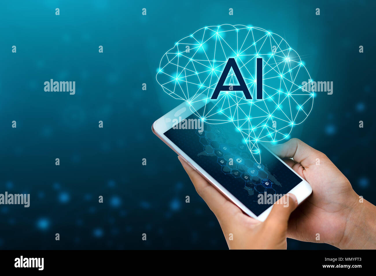 Par contre l'IA des gens d'affaires appuyez sur le téléphone. Cerveau binaire graphique Technologie bleu Banque D'Images