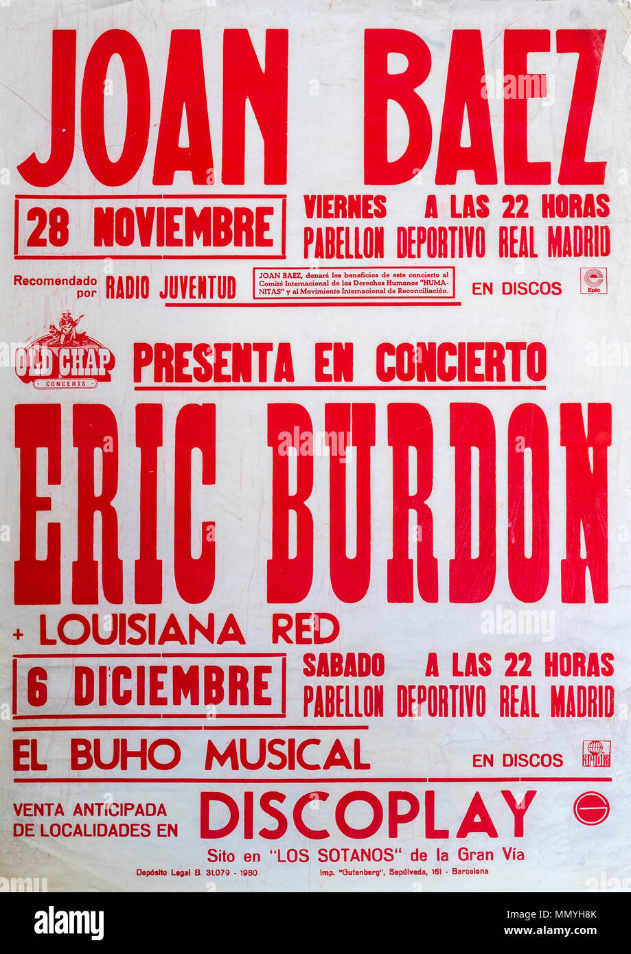 Joan Baez, Eric Burdon en concert, Madrid 1980, concert de musique ancienne Banque D'Images