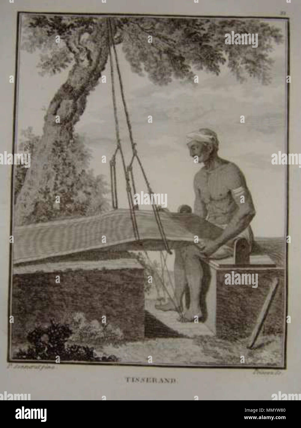 . Anglais : une carde de coton et un tisserand, de 'Voyages aux Indes orientales" par Pierre Sonnerat, Paris, 1782 Source : ebay, avril 2009 . 1782. Pierre Sonnerat tisserand Banque D'Images