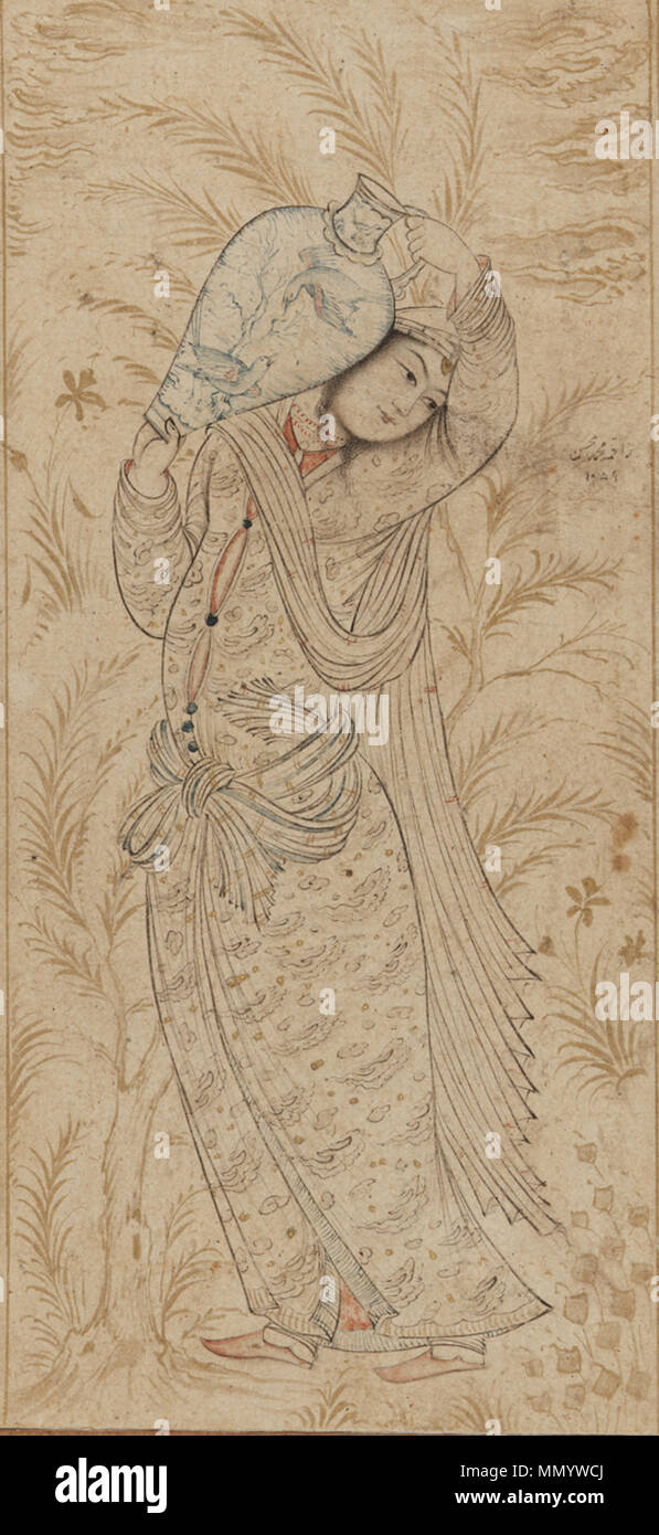 . Une femme portant un grand bocal et encre de couleur sur papier H : 21,1 W : 10.1 cm Isfahan, Iran . 1649. Muhammad Ali dynastie safavide une femme portant un grand bocal Banque D'Images