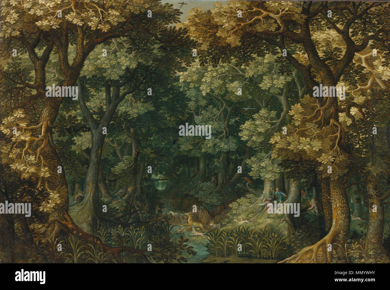 . Anglais : un paysage boisé avec une chasse au cerf un paysage boisé avec une chasse au cerf Banque D'Images