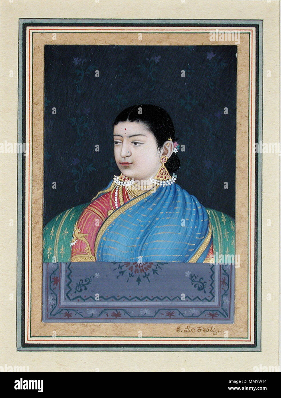 . Anglais : Affichage : Artiste Venkatappa Date de création : Création du 19e siècle Place/Sujet : Inde State-Province : Karnataka Media & Support : aquarelle opaque et d'or sur papier Dimensions Affichage : 2 7/8 po. x 1 31/32 in. (7,3 cm x 5 cm) de la ligne de crédit : Edwin Binney 3ème Numéro : 1990.574 Collection : Le San Diego Museum of Art . 6 septembre 2011, 14:30:01. Anglais thesandiegomuseumofartcollection : Une jeune femme de l'Inde du Sud (6124551201) Banque D'Images