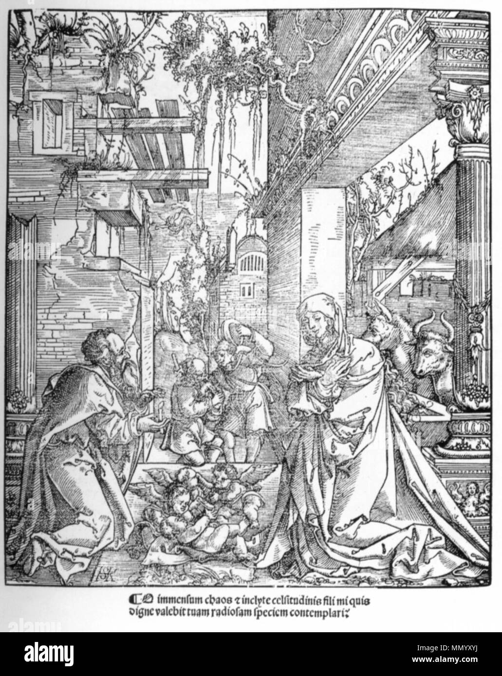 . Hans : Holzschnitt Snyders Frans (genre 'Geburt Christi" aus : Biblia Latina, Lyon 1520 (Prädikantenbibliothek Isny) . 1520. Geburt Christi ; Pourbus Frans anonyme aus Biblia Latina Lyon 1520 (Isny) Banque D'Images