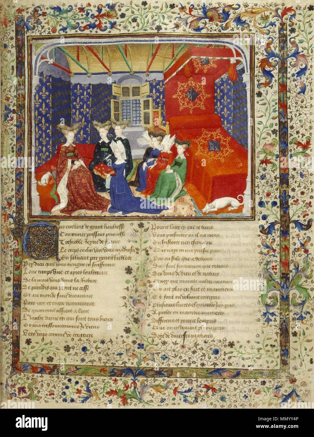 . Anglais : Détail d'une présentation miniature avec Christine de Pisan présentant son livre à la reine Isabeau de Bavière. Miniature éclairé du livre de la Reine (diverses œuvres de Christine de Pisan), BL Harley 4431. English :  =Christine de Pisan présente son livre à Isabeau de Bavière ; Christine de Pisan présentant ses Epîtres du débat sur le roman de la rose à la reine Isabelle de Bavière ; Datation : 1413 (date conjecturale) . Entre 1410 et 1414 circa circa. Harl 4431 frontispice pleine Banque D'Images