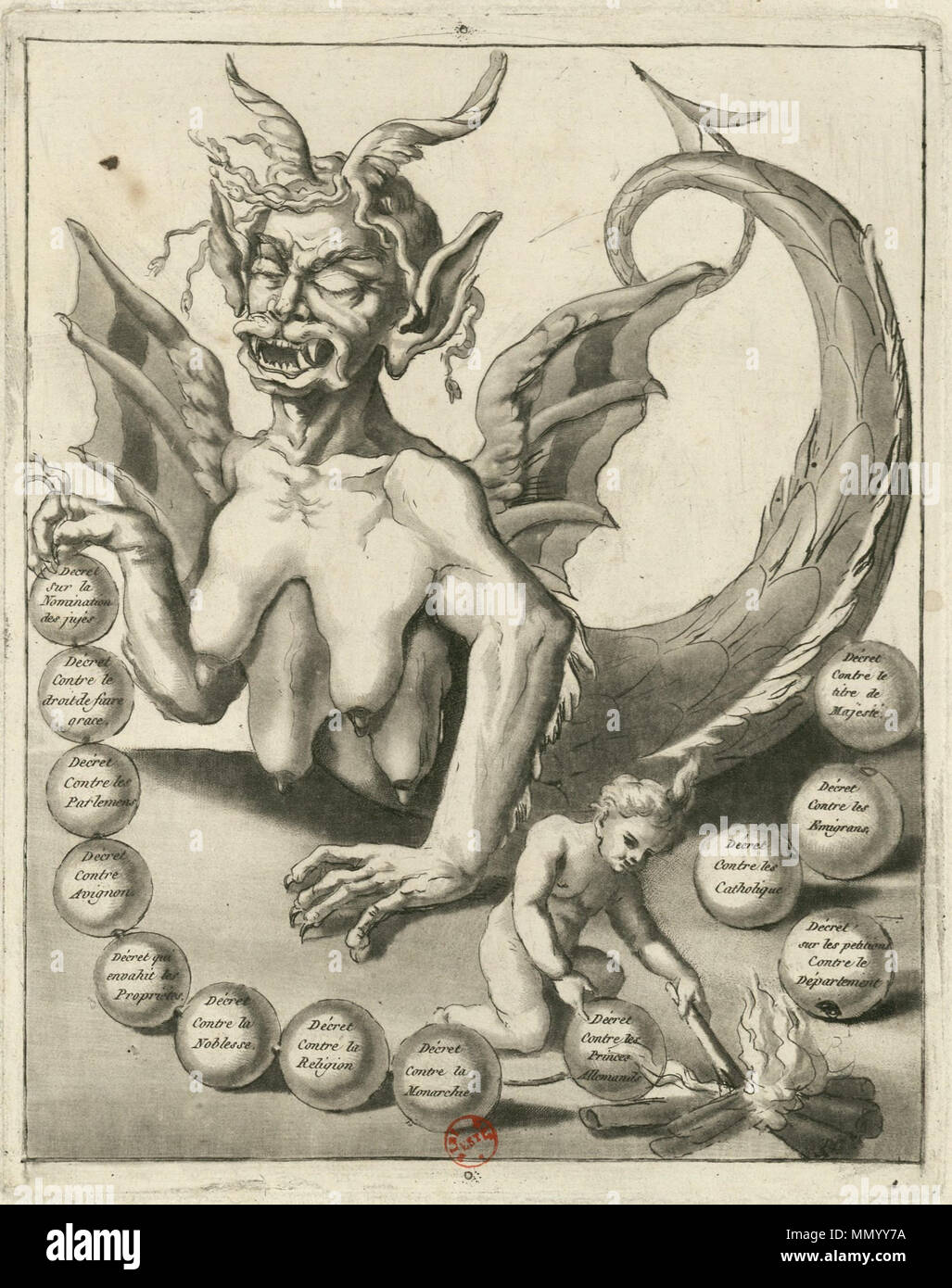 . English : Caricature contre-révolutionnaire de l'assemblée nationale représentée comme une harpie aveugle, avec un chapelet de décrets. Liste : décret sur la nomination des juges, décret contre le droit de faire grâce, de décret contre les parlemens, décret contre Avignon, décrect qui envahit les Propriétés, décret contre la Noblesse, décret contre la religion, décret contre la monarchie, décret contre les princes allemands, décret sur les pétitions contre le Département, décret contre les Catholiques, décret contre les Émigrans, décret contre le titre de majesté. . Vers 1789. Harpie inconnu Banque D'Images