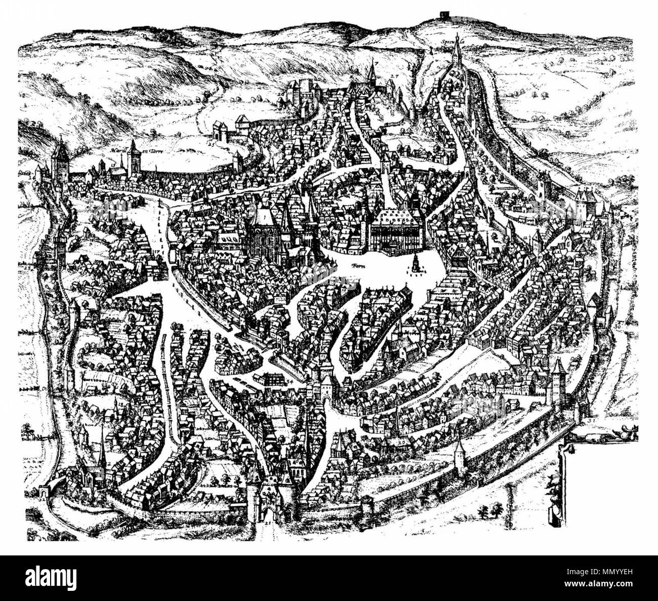 . Anglais : perspectivic site de la ville de Aachen vues de l'est Deutsch : Perspektivischer Aachens Stadtplan gesehen von Osten, . 1572. Braun Hogenberg-Aachen-Braun und Hogenberg-1572 Banque D'Images