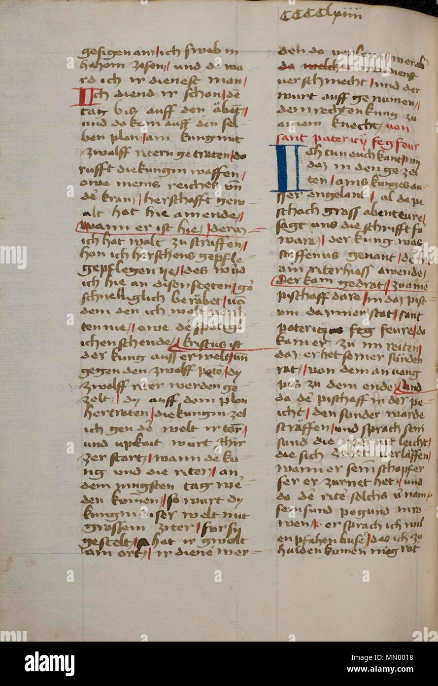 . Anglais : Commencer de la chanson Patericÿ fegfeur von Sant (traduit : A propos de Saint Patrick's Purgatory) par Michel Beheim, probablement de sa propre main, au bon colum, initial bleu 'I'. Il s'agit d'folio 438v du manuscrit 334 de la bibliothèque de l'Université de cpg Heidelberg. La chanson commence comme suit : tun Ich euch kant, wÿ daz dans den gezeiten nsaids kunges peschach Engelant Rhodes-extèrieure da al abenteüre herbe, sagt uns die schrifft. der ware fourrure kung était Steffenus genannt. der het ain riter, hiess. Awende Transcription (prises à partir de la p. 304 de Hans Gille et Ingeborg Spriewald : Die Gedichte des Michel Behei Banque D'Images
