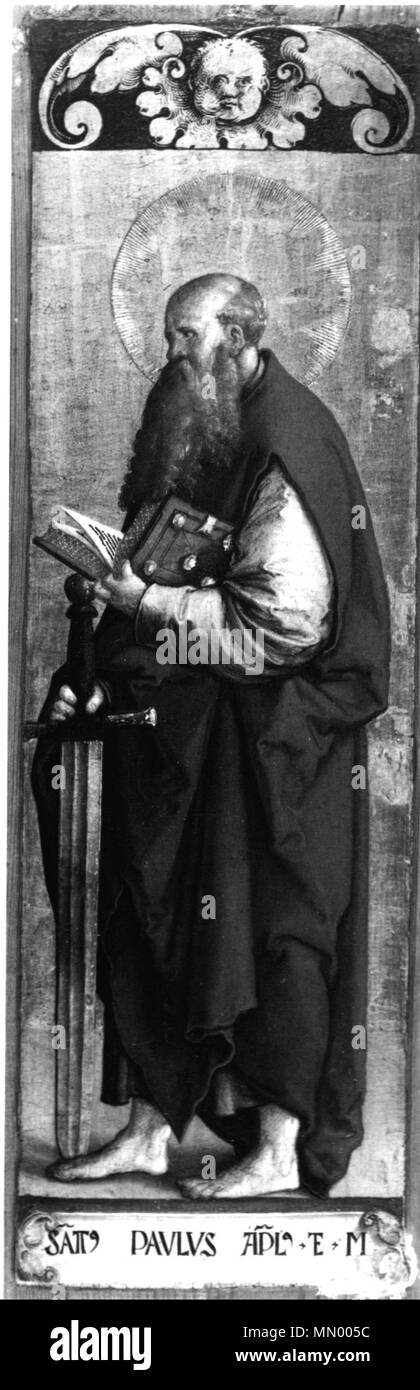 . Ausstattung der ehemaligen Seitenaltäre Meßkircher der St. Martinskirche, Standflügel : Heiliger Paulus, Apostel und Märtirer Moraht-Fromm Eingescannt aus : Anna und Hans Westhoff : Der Meister von Meßkirch - Forschungen zur südwestdeutschen Malerei des 16. Jahrhunderts, Ulm, 1997, S. 188 . um 1535/40. Maître de Messkirch (1500-1543) peintre allemand Description Date de naissance/décès vers 1500 vers 1543 L'emplacement de travail Messkirch contrôle d'autorité : Q568760 : VIAF ?4843738 ?ISNI : 0000 0000 9586 1583 ULAN : ?500124279 RCAC : ?c98024038 GND : ?11936929X WorldCat Heiliger Paulus Banque D'Images