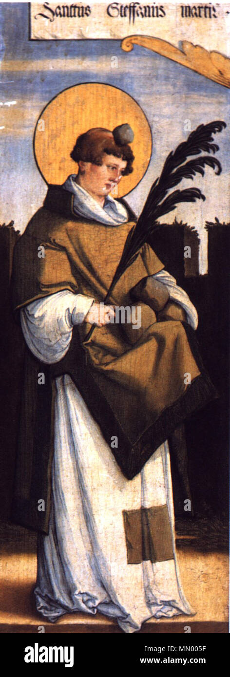 . Ausstattung der ehemaligen Seitenaltäre Meßkircher der St. Martinskirche, Standflügel : Heiliger Stephanus mit den Steinen und Märtirerpalme Moraht-Fromm Eingescannt aus : Anna und Hans Westhoff : Der Meister von Meßkirch - Forschungen zur südwestdeutschen Malerei des 16. Jahrhunderts, Ulm, 1997, S. 175 liens Saint Stephen. um 1535/40. Heiliger Stephanus Banque D'Images