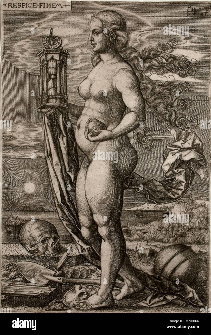 . RESPICE FINEM : anglais, après 1529 11,5 x 7,4 cm ce 'memento mori' ou ' Respice finem' est une copie inversée de la même dimension que l'original. Ce premier exemplaire d'une impression vanitas était déjà mentionné par Bartsch. Très bonne, forte impression, ajustées sur la platemark. . 27 décembre 2012, 02:30:35. Heinrich Aldegrever (1502-) noms alternatifs Heinrich Alde tombe, Hinrich, Trippenmeker Tripenmaker Heinrich Trippenmecker Hinric Description, peintre allemand, orfèvre, graveur, dessinateur et designer Date de naissance/décès vers 1502 entre 1555 et 1561 Lieu de birt Banque D'Images