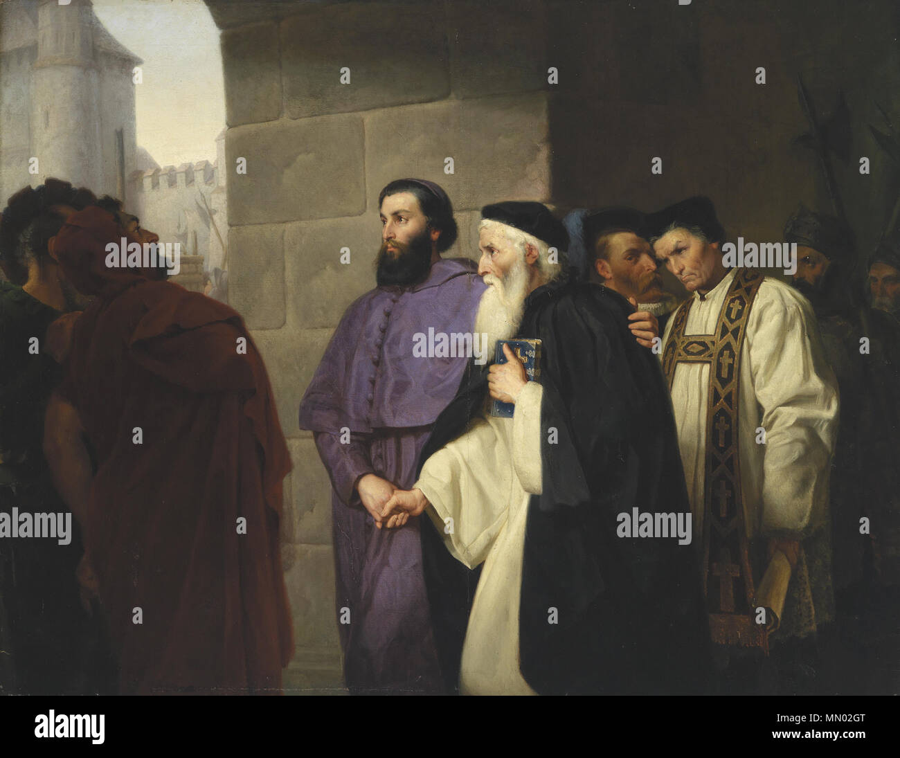 . Deutsch : Hugh Latimer et Nicholas Ridley auf ihrem Gang zum Scheiterhaufen (Oxford 1555), signiert und datiert rechts unten auf einem (umgeschlagenen Leinwandstreifen) : H. Schweder 18,9, Öl auf Leinwand, 105 x 134 cm . 19e siècle. Hermann Schweder (fl. 1860-1866) Hermann Schweder Hugh Latimer et Nicholas Ridley auf ihrem Gang zum Scheiterhaufen Banque D'Images