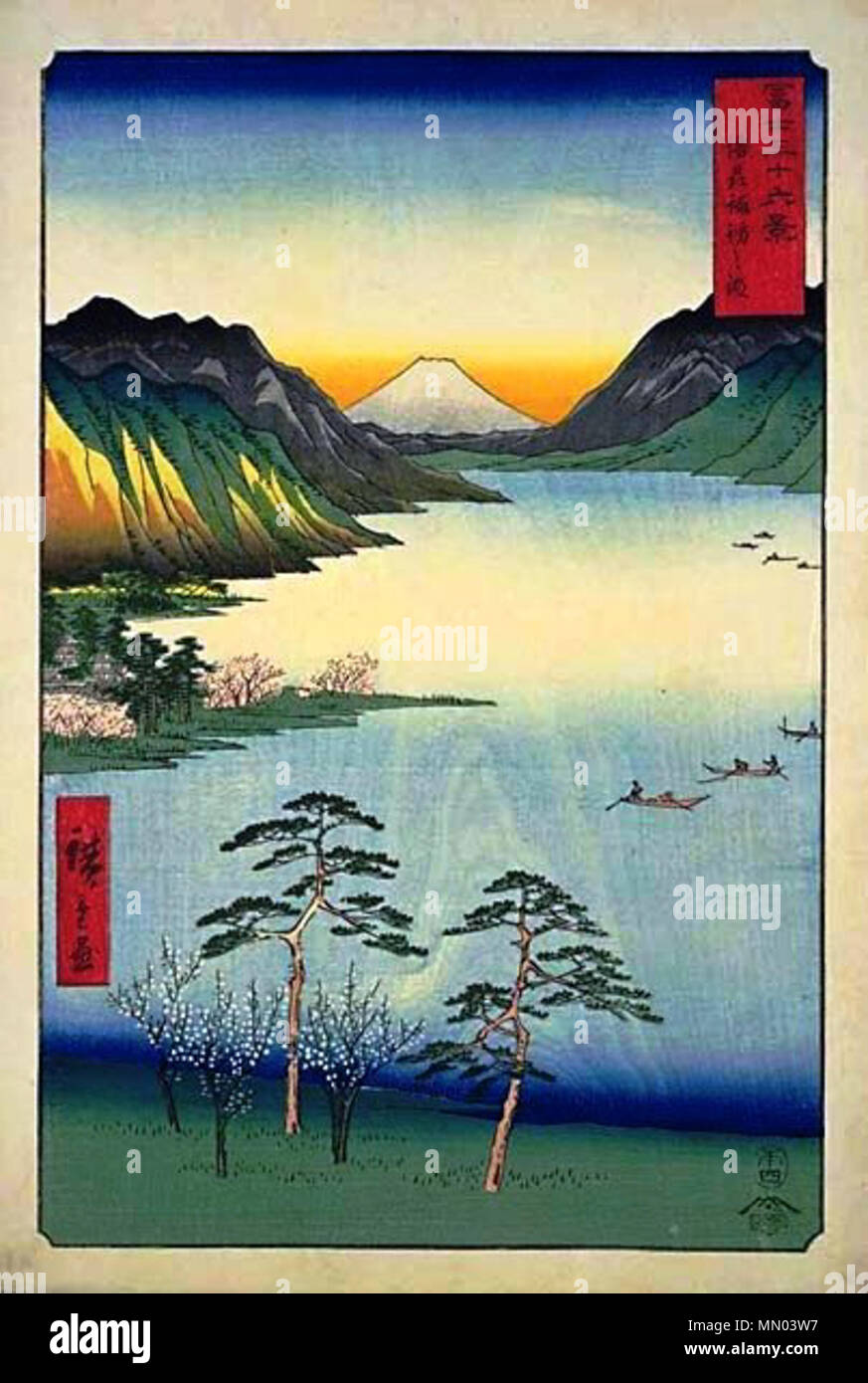 36 vues du Fuji-san - 28. Lac Suwa. circa 1858. Hiroshige - 36 vues du Fuji-san - 28. Lac Suwa Banque D'Images