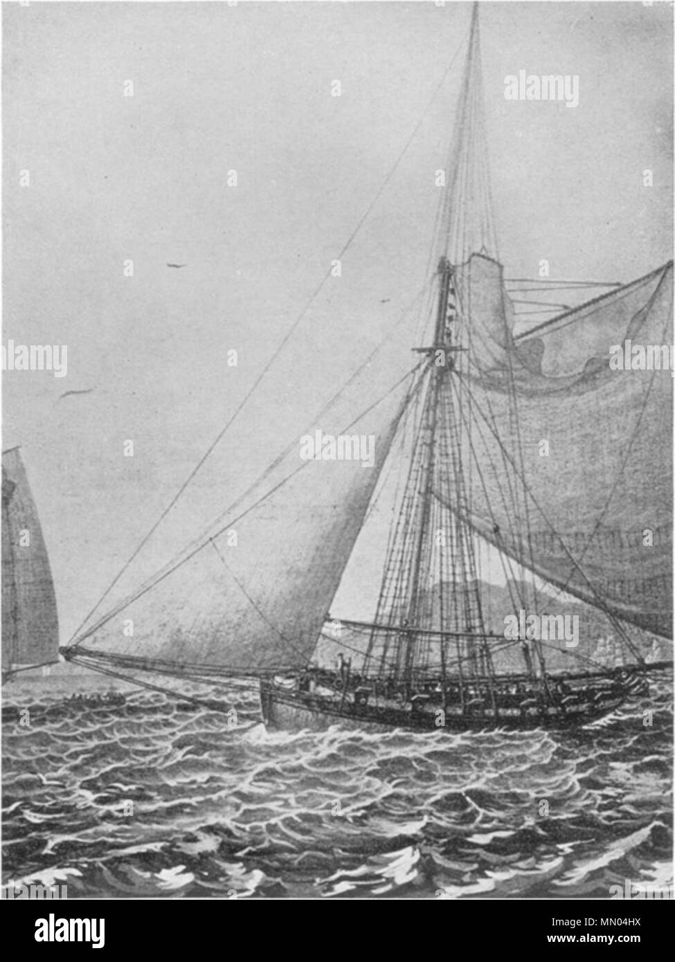 . Anglais : Administration des douanes écossais H.M. Cutter Wickham Deutsch : Zollkutter britischer H.M. Cutter Wickham, Ausschnitt (Schwarzweiß-Reproduktion) aus einem Gemälde aus dem der Familie des damaligen Dauernde Kommandanten Le Capitaine John Fullarton, R.N., 1806, entstanden ist der dargestellt Kutter backgesetztem Ballonklüver gefierter mit, Unterrah gesetztem und nur teilweise Gaffel- Gaffeltopsegel ausgerannten und mit Geschützen, vermutlich typisches Beiliegen zur Kontrolle von Fahrzeugs . 1806. Clip HMCutterWickham inconnu Banque D'Images