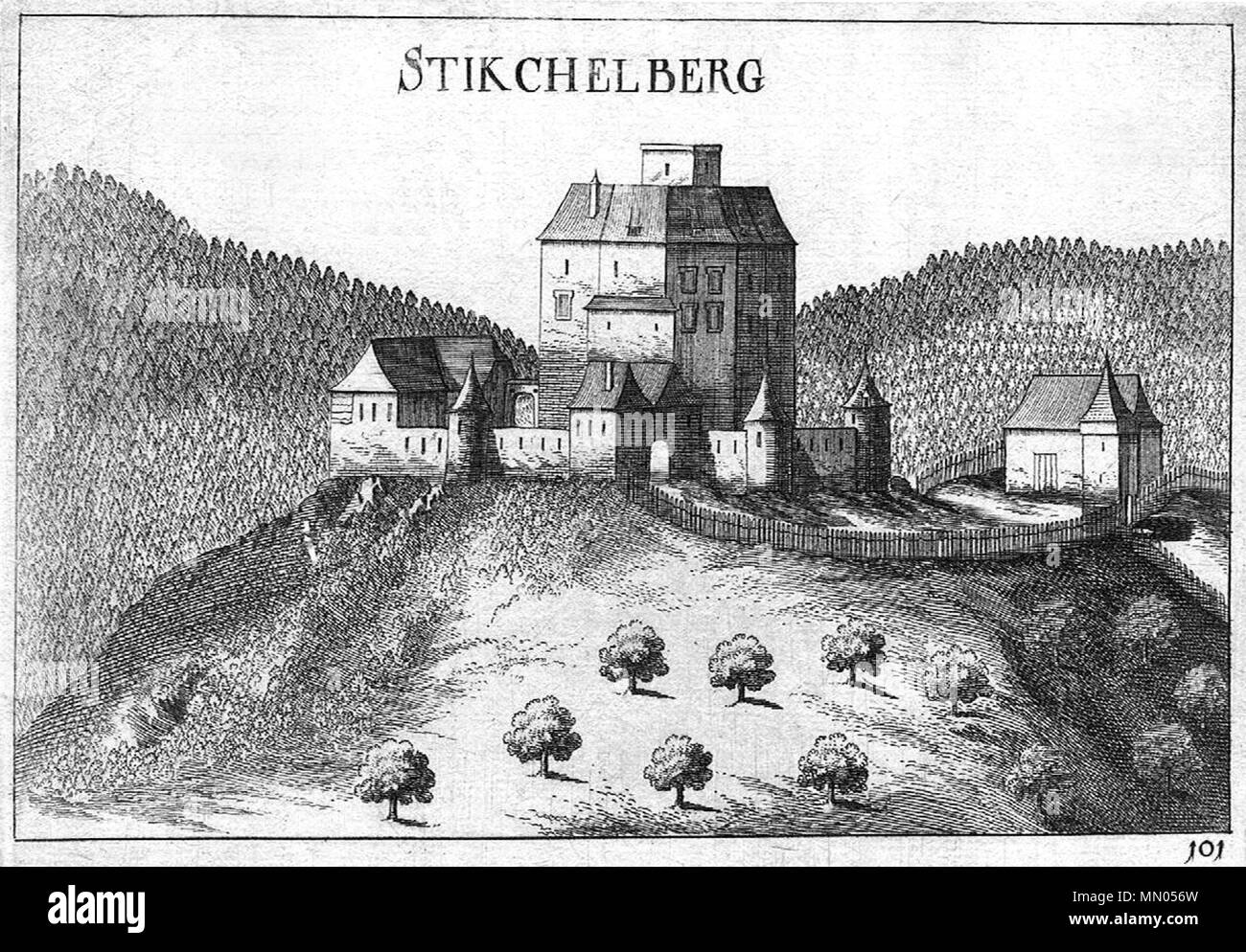 . Deutsch : Topographia superioris Austriae - modernae Stickelberg Tafel 101 : Burg ce média montre le monument protégé avec le numéro 26899 en Autriche. (Communes, de) l'emplacement de l'appareil photo 47° 36' 45.12" N, 16° 14' 25.05" E Voir ce et d'autres images sur : OpenStreetMap - Google Earth ; 47,612533 16,240291 Dalida - Burg Stickelberg, Vischer (01) Banque D'Images