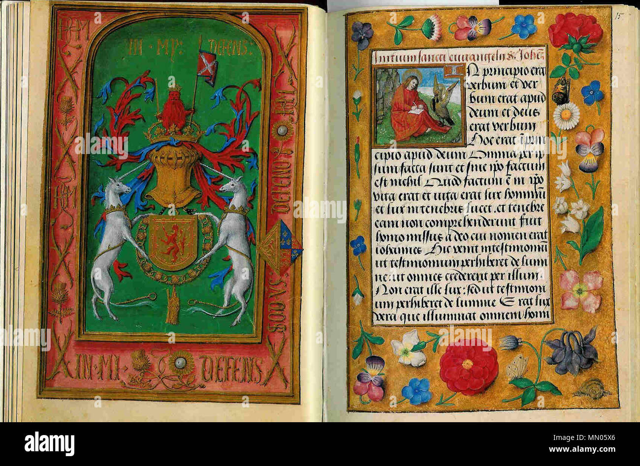 Heures de Jacques IV d'Écosse - Mme ÖNB1897 f.14v-15 - Armis de Margaret Tudor Banque D'Images