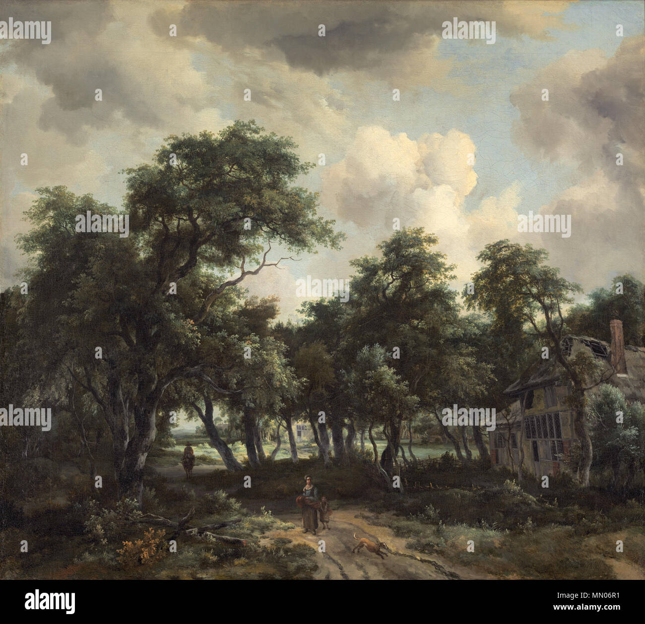 Peinture ; huile sur toile ; total : 96,5 x 108 cm (38 x 42 1/2 in.) ; Hut entre les arbres-1664-Meindert Hobbema Banque D'Images