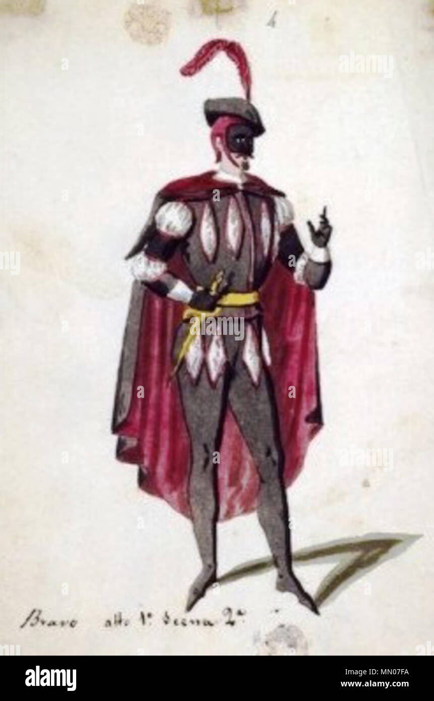 . Anglais : la conception de costumes pour le rôle-titre de Saverio Mercadante's opera Il bravo. La conception a été pour la production de Naples au Teatro San Carlo le 17 octobre 1840. Le rôle de 'Il' bravo a été chanté à cette occasion par Domenico Reina . 1840. Filippo Del Buono Il bravo, costume pour rôle-titre, 1840, Naples Banque D'Images