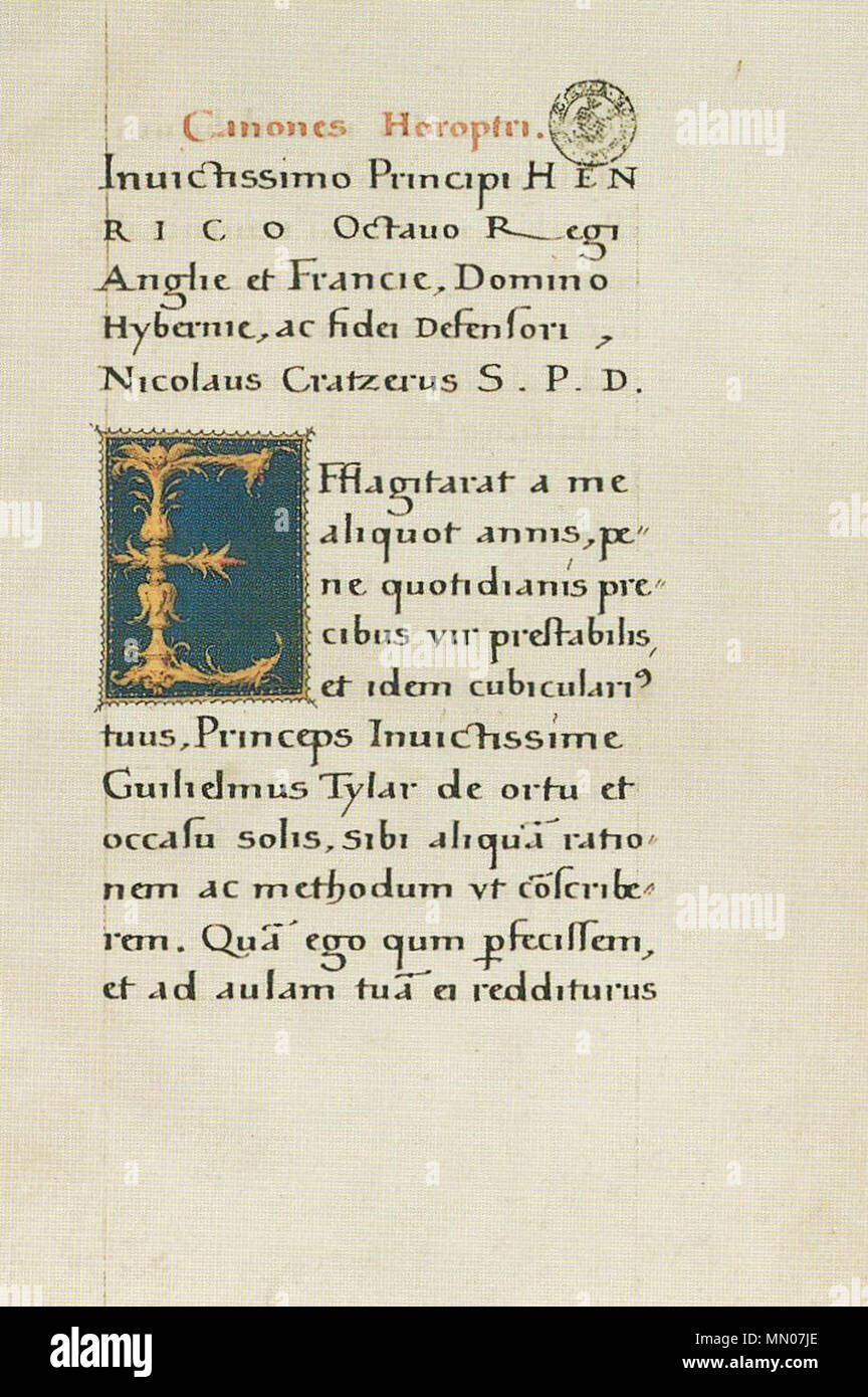 . Anglais : lettre de Canones Horoptri. Manuscrit avec carrosserie et d'or sur vélin, 33 × 28 cm, Bodleian Library, Oxford. . 1528. Lettre illuminée par Hans Holbein le Jeune et Pierre Meghen Banque D'Images