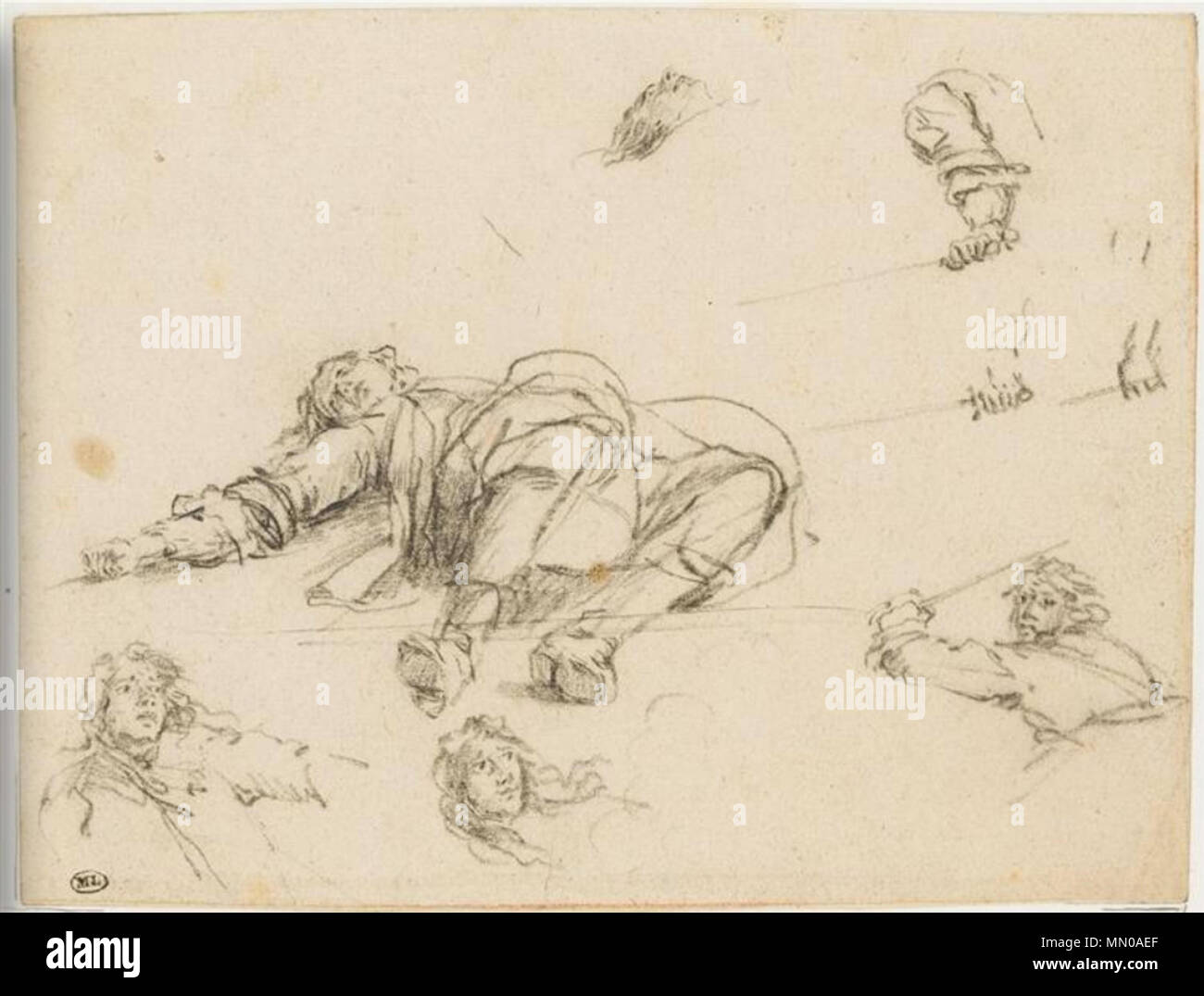 Soldat mort, trois figures de la moitié des combats, trois mains tenant une épée. Entre 1662 et 1690. Adam Frans van der Meulen - soldat mort, trois figures de la moitié des combats, trois mains tenant une épée Banque D'Images