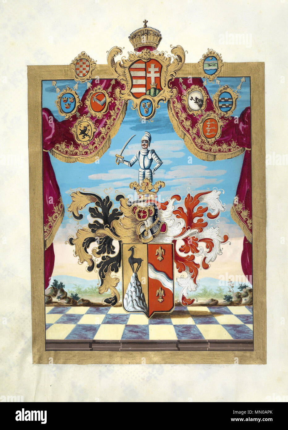 . Aus dem Wappen von Adelsdiplom Léopold II. Römisch-Deutscher Kaiser (1790-1792) dans la région de senneur Eigenschaft als König von Ungarn für Bartholomäus Martony, Ratsherr von Sopron (Ödenburg), ausgestellt Wien, 20. 12. 1790. Eeigenhändiger Unterschrift des kaisers ('Leopoldus'), Gegenzeichnung durch Graf Joseph Mailath und Paulus Szalvy. Pergamentlibell, 14 Seiten, texte en lateinischer Sprache. Handgezeichnete Wappendarstellung Goldrahmung Bordüre, dans überhöht, vom kleinen vereinigten der der ungarischen Wapppen Rocaillekartusche flankiert de Krone, von den Wappen von Kroatien, donnée, jordanien, Dalmat Banque D'Images