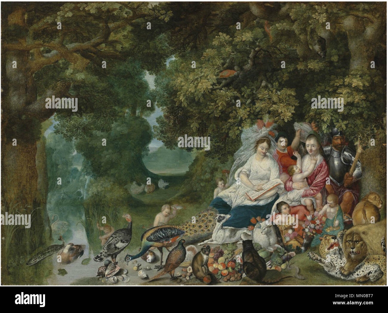 Anglais : un paysage boisé avec une allégorie des quatre éléments . Années 1620. Adriaen van Stalbemt - un paysage boisé avec une allégorie des quatre éléments Banque D'Images