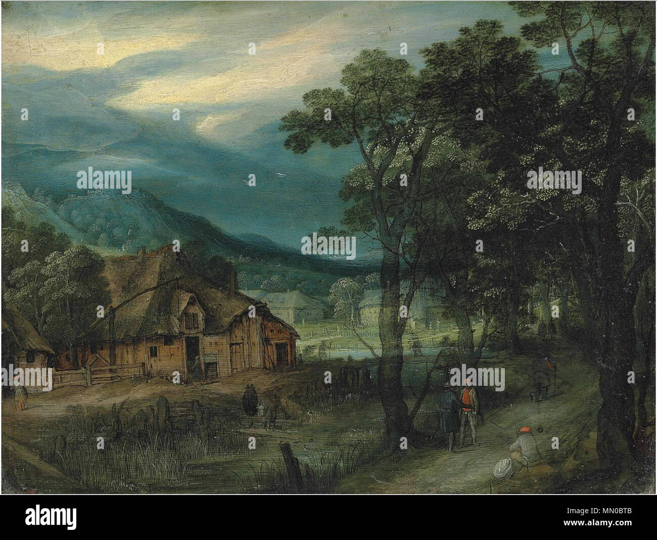 Anglais : un paysage boisé avec les voyageurs sur une piste par un village . Entre 1610 et 1662. Adriaen van Stalbemt - un paysage boisé avec les voyageurs sur une piste par un village Banque D'Images