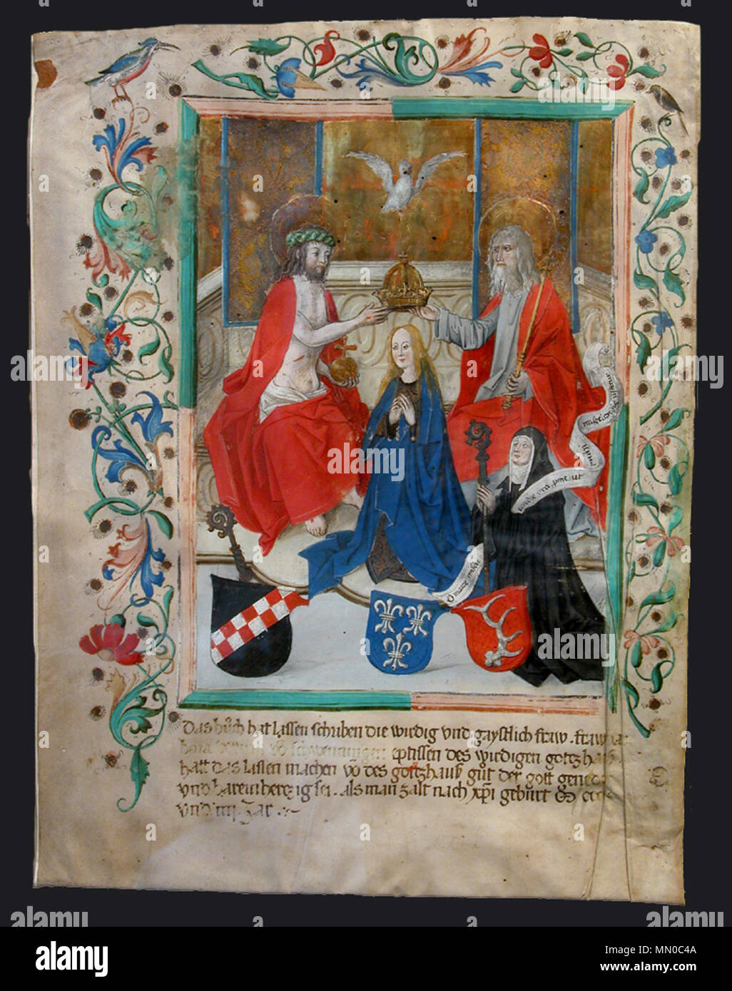 . Anglais : commandé par l'Abbesse Barbara Vetter von Schwenningen. "Un grand Missel miniature d'un montrant le couronnement de la Vierge par le Christ et Dieu le Père, devant la femelle, des donateurs de l'Abbesse Barbara Vetter von Schwenningen pour le couvent cistercien à Oberschönenfeld. Elle porte une inscription de défilement avec une pétition à la Vierge : O mater misericordie ora pro moi ut michi (prestetur misericordia O Mère de Miséricorde, priez pour moi que je peux obtenir le pardon). Les armoiries du donateur et du père et de la mère de l'un de l'ordre cistercien sont représentés ci-dessous.' Anglais : o Coronation Banque D'Images