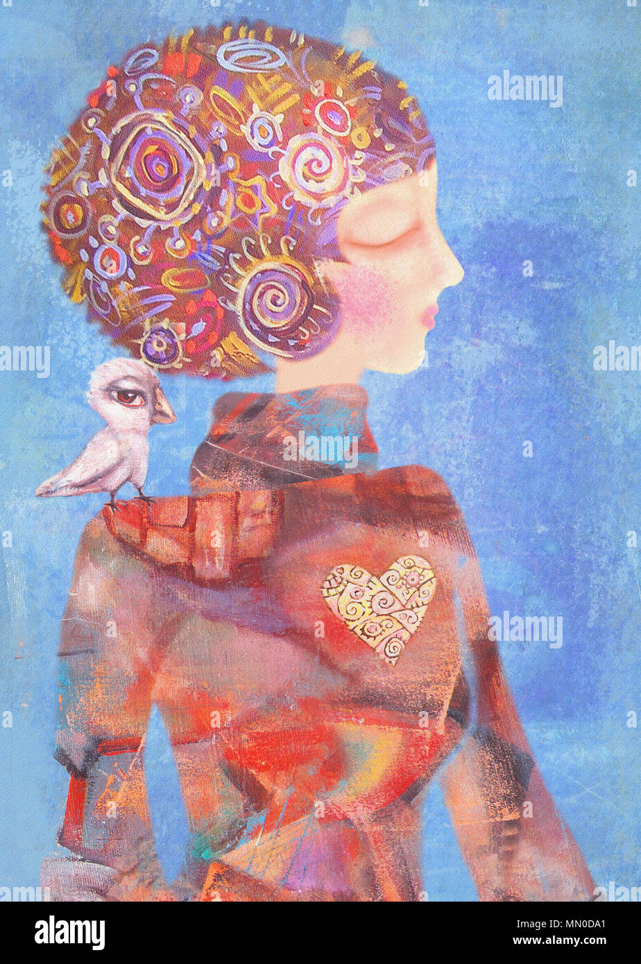 Jeune fille rêveuse avec un oiseau sur son épaule. Belle, mystérieuse, dame intéressante. Sérénité et de reverie concept. Banque D'Images