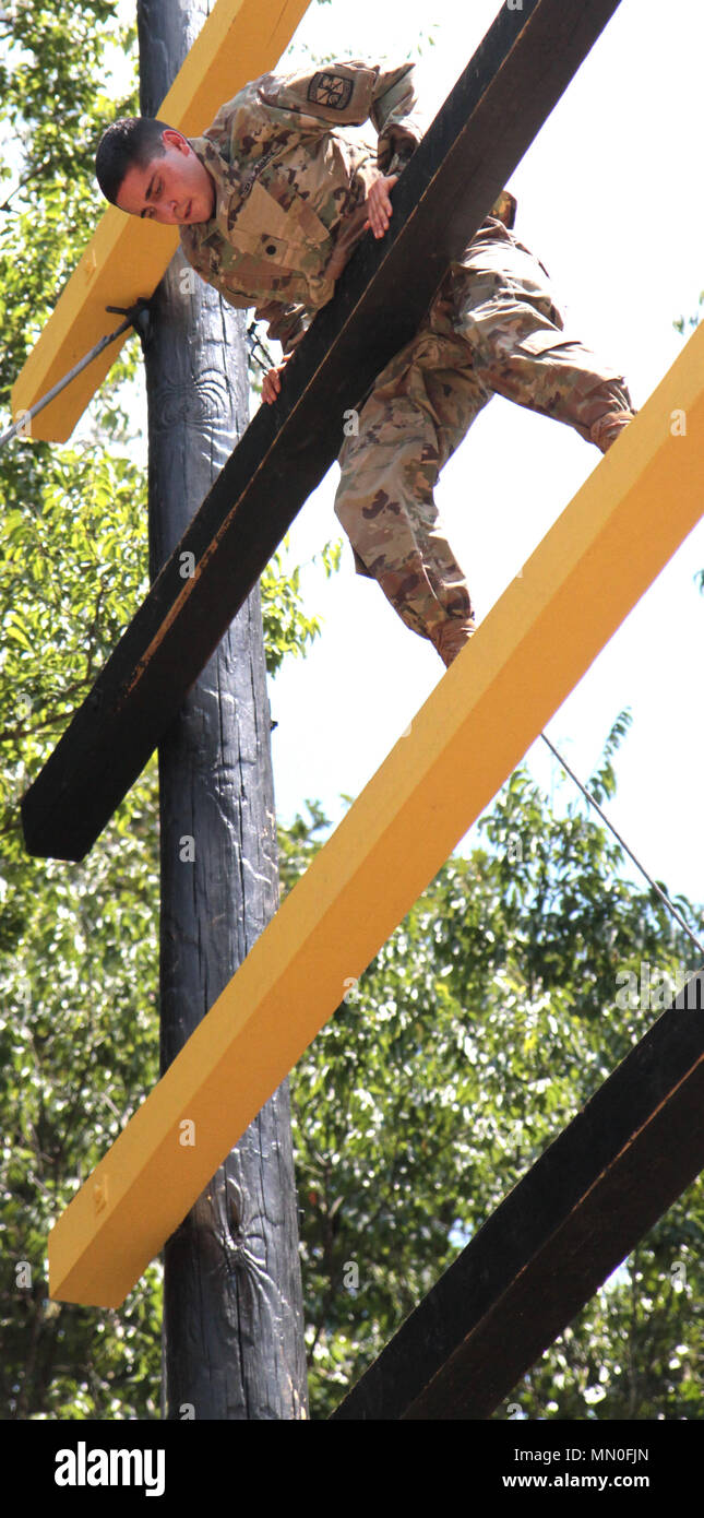 Jason Adams, cadet dans l'Armée de corps de formation des officiers de réserve, manoeuvres par l'ascension de la confiance à l'obstacle Sabalauski Air Assault School, 2 août à Fort Campbell, Kentucky. Cadets et officiers s'est rendu à Fort Campbell et a reçu une visite guidée des installations, manœuvre à travers le parcours et l'TSAAS ont descendu à partir de la tour de rappel. (U.S. Photo de l'armée par le Sgt. Steven E. Lopez, 40e Détachement des affaires publiques) Banque D'Images