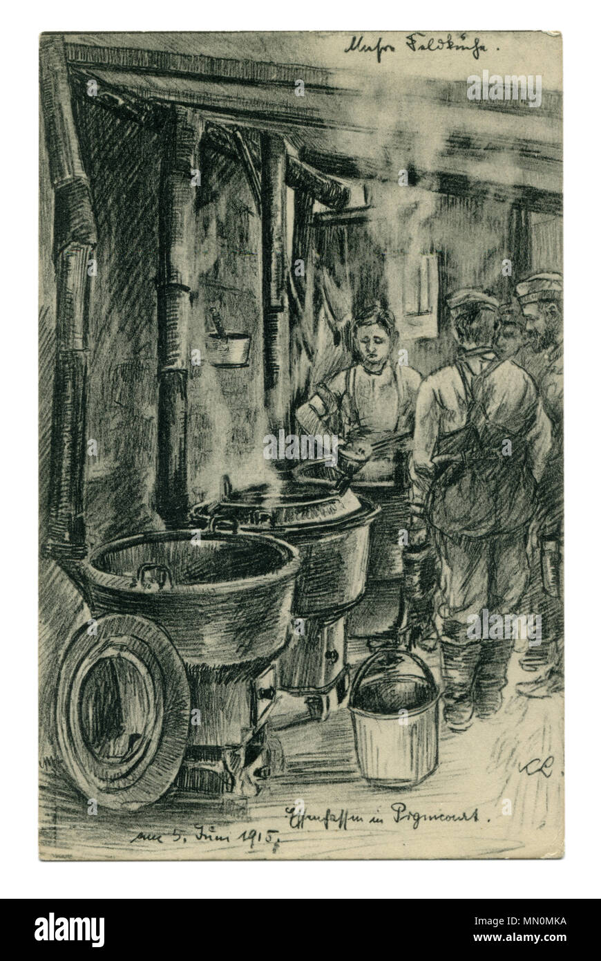 Ancienne carte postale allemande : Dessin au crayon noir et blanc : une cuisine du soldat, les hommes avec de l'acier pot attendre en ligne pour l'alimentation. la première guerre mondiale 1914-1918 Allemagne Banque D'Images