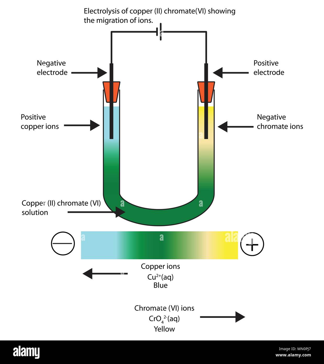 Schéma de l'électrolyse de chromate de cuivre (II) (VI) indiquant le
