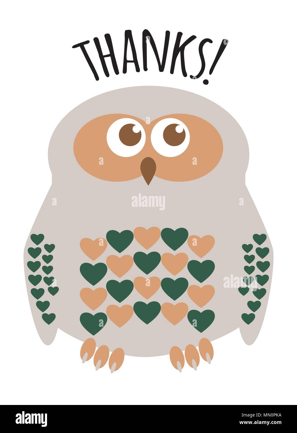 Owl mignon petit personnage avec des coeurs de carte de souhaits avec texte "merci !". L'étiquette modifiable calques. Illustration de Vecteur