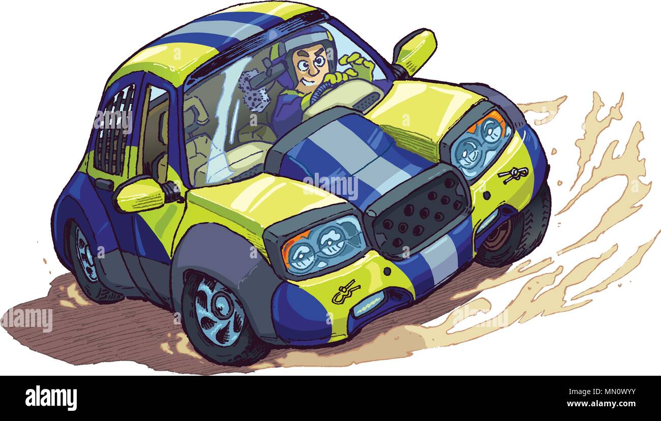 Vector cartoon clip art illustration d'un rallye voiture avec chauffeur la filature ou de dérive ou de déraper dans une course. Éléments en couches séparées. Illustration de Vecteur