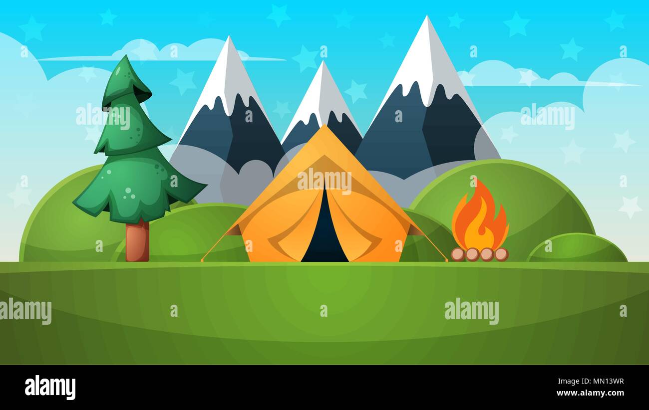 Paysage d'été de dessin animé. Tente, feu, illustration de montagne. Illustration de Vecteur
