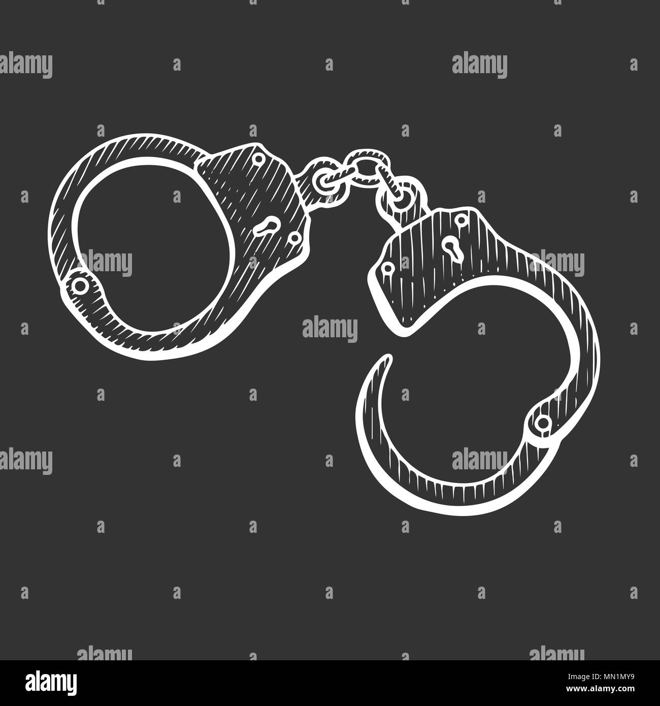 Menottes Hand drawn vector vintage gravure blanc. Isolé sur fond noir. Design élégant avec illustration croquis Illustration de Vecteur