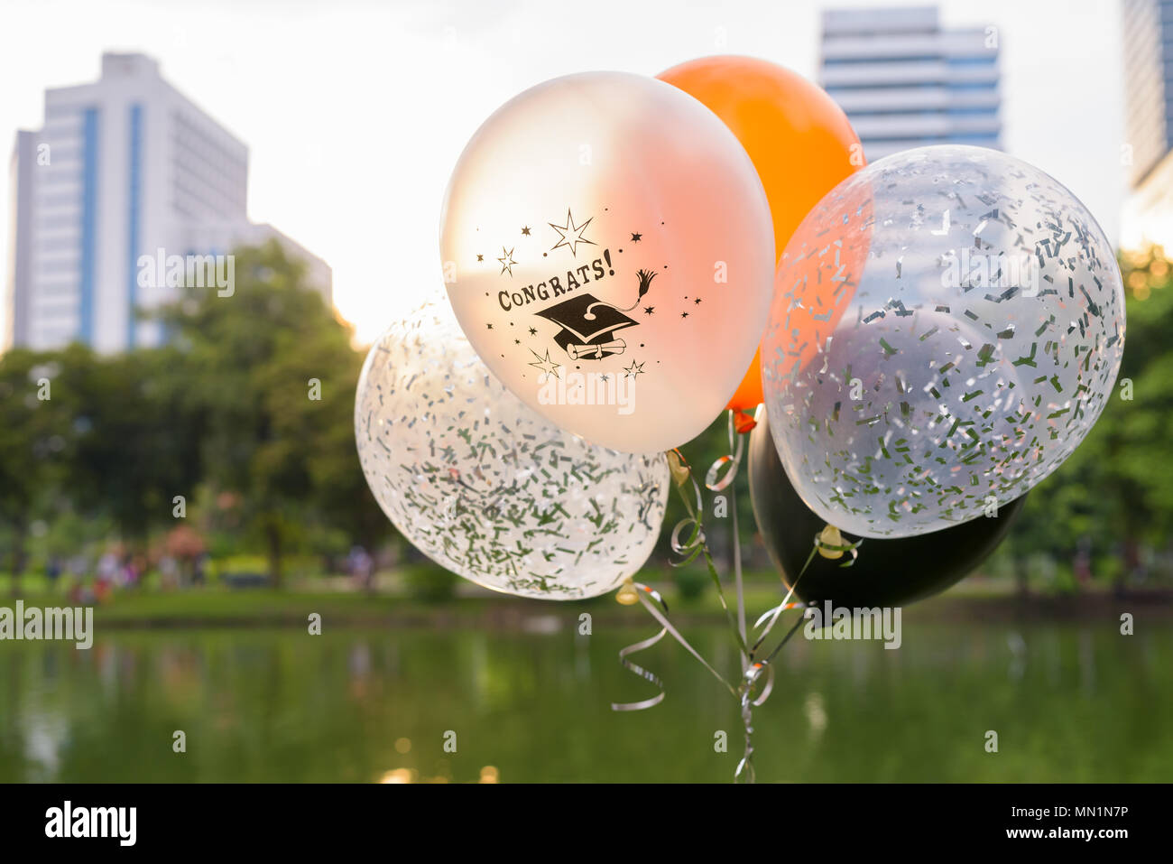Ballons de décoration pour l'obtention du diplôme contre Vue sur le parc Banque D'Images
