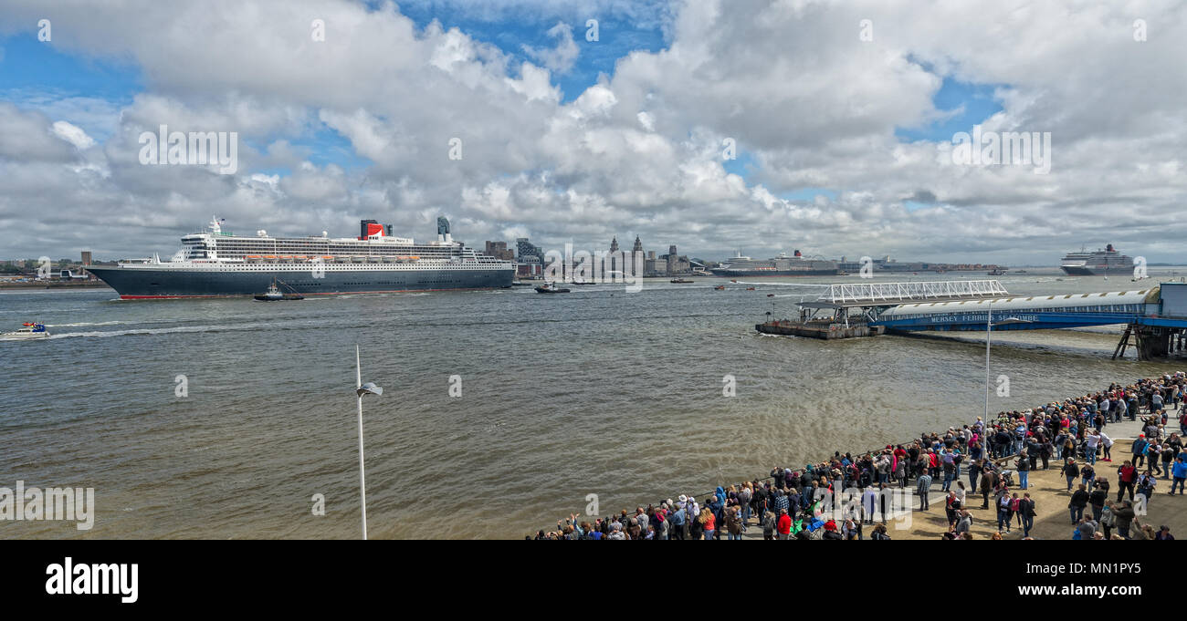 Queen Mary 2, Queen Elizabeth et la reine Victoria à Liverpool pour célébrer le 175e anniversaire de la Cunard Cruise Line Banque D'Images