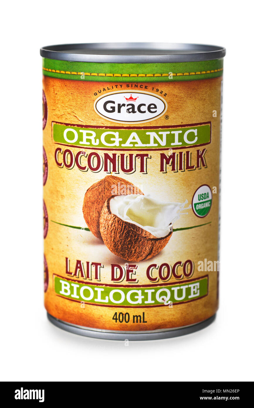 Le lait de coco, de lait de coco biologique peut, de l'étain Banque D'Images