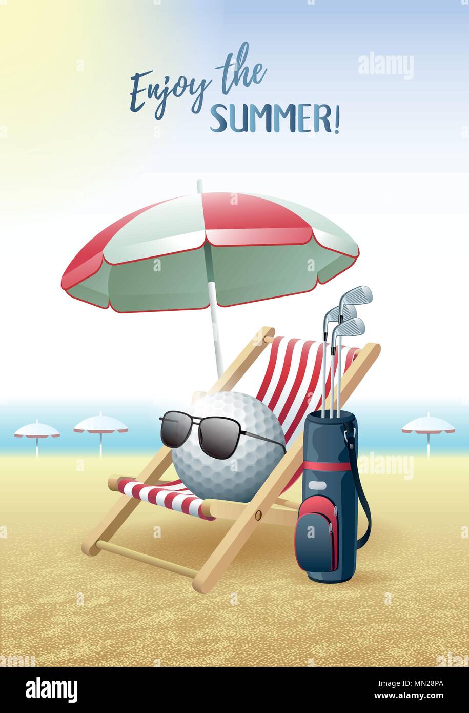Profitez de l'été ! Carte de sport. Balle de Golf avec les lunettes de soleil, parasol, chaise longue et sac de golf sur la plage de sable. Vector illustration. Illustration de Vecteur