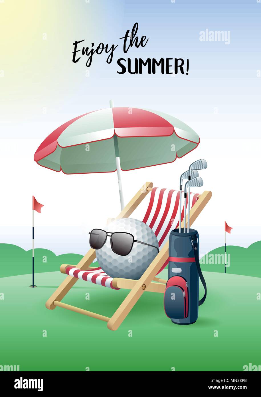 Profitez de l'été ! Carte de sport. Balle de Golf avec les lunettes de soleil, parasol, chaise longue et sac de golf sur le champ vert. Vector illustration. Illustration de Vecteur