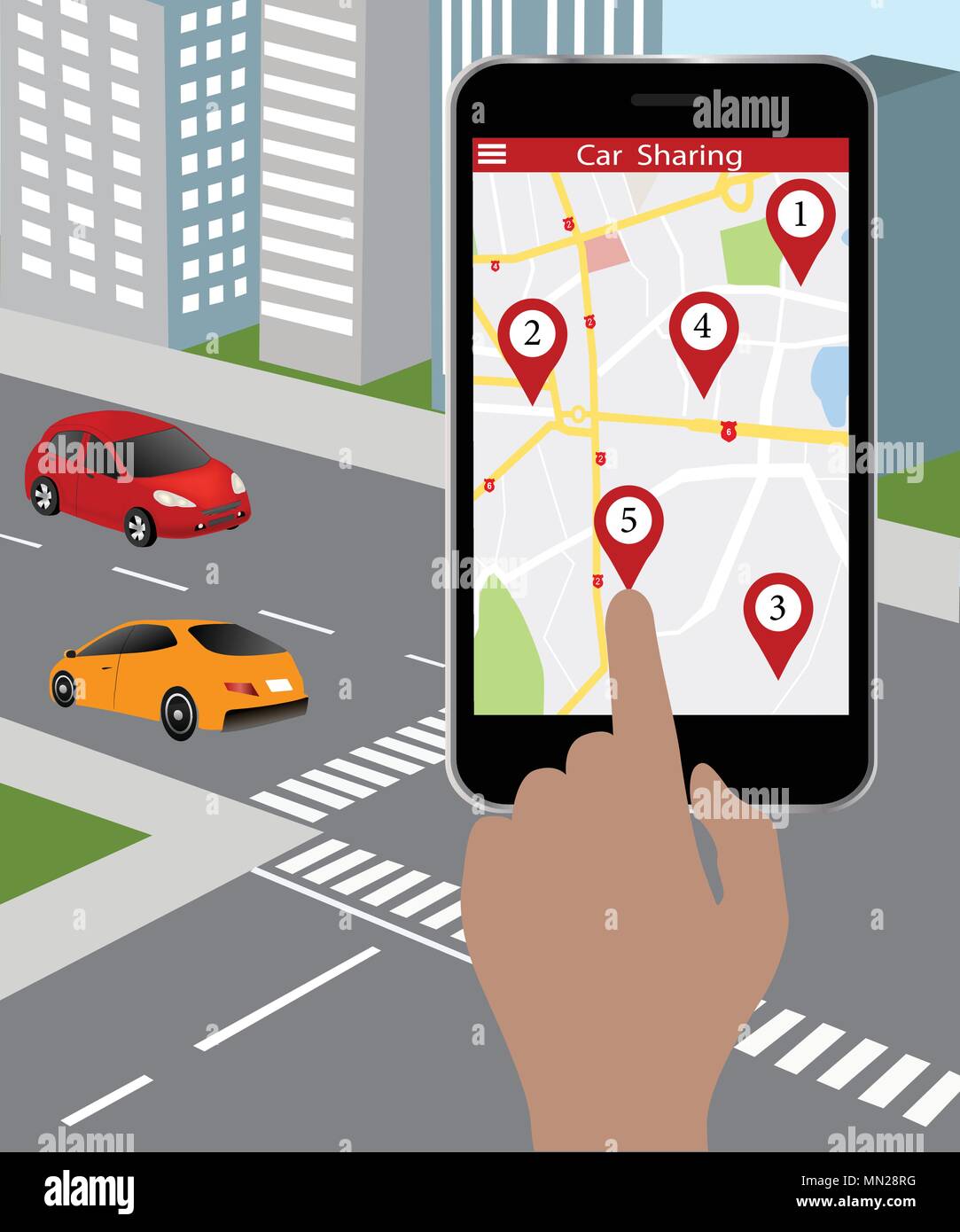 Smart car avec l'application.Les systèmes de transport intelligents.Connecté et voiture concept de conduite autonome Illustration de Vecteur