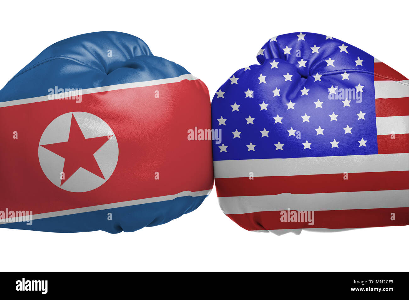 Close up de gants de boxe avec la Corée du Nord et États-Unis symboles drapeau isolé sur fond blanc Banque D'Images